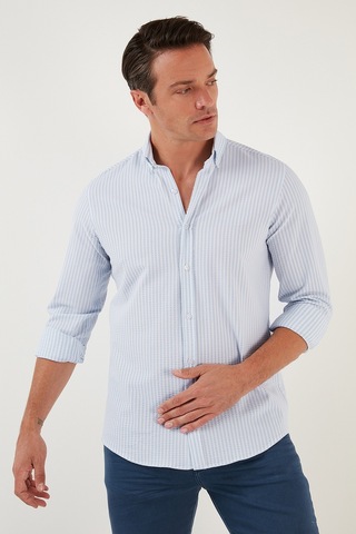 Buratti Pamuklu Çizgili Düğmeli Yaka Uzun Kollu Regular Fit Erkek Gömlek Cf23S112237 Mavi-Beyaz