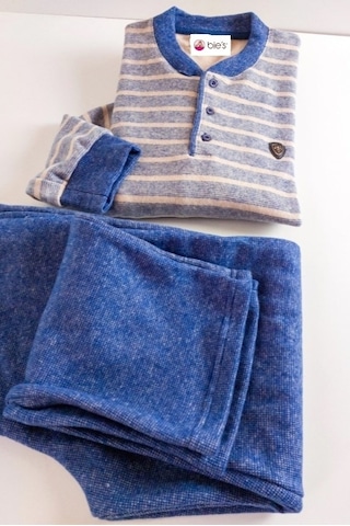 Erkek 3 Düğme Çizgili Kışlık Pamuklu Selanik Kumaş Uzun Manşetli Kol Cepli Pijama Takımı Mavi-gri