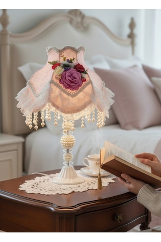 İpek Pudra Pembe Kadife Kumaş Gece Lambası Abajur Salon Ve Yatak Odası Dekorasyon Vintage Ab0014p