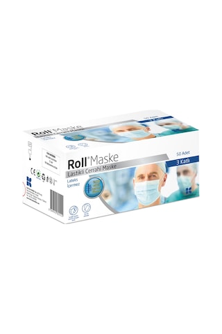 Roll Lastikli Cerrahi Maske 50 Adet 3 Katlı
