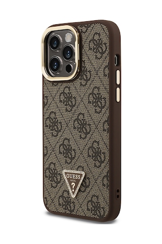 Apple Uyumlu iPhone 14 Pro Max Kılıf Guess Lisanslı Üçgen Logo 4g Desenli Kamera Standlı Kapak Kahverengi