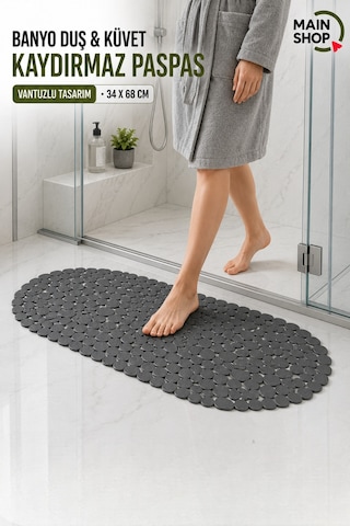 Mainshop 1 Adet Vantuzlu Banyo Duş Ve Küvet Kaydırmaz Paspas - 34 X 68 Cm M-130 Gri