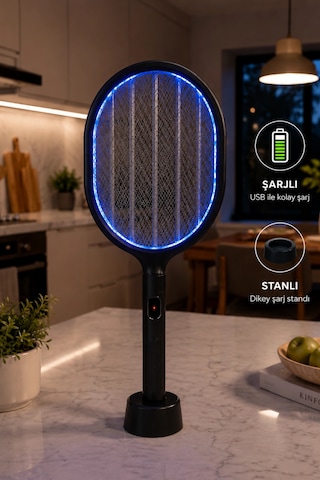 Glr Ltd-718 Siyah Elektrikli Sinek Raketi 1200mah Bataryalı, Type-c Şarjlı, Dijital Ekranlı Sinek Ö