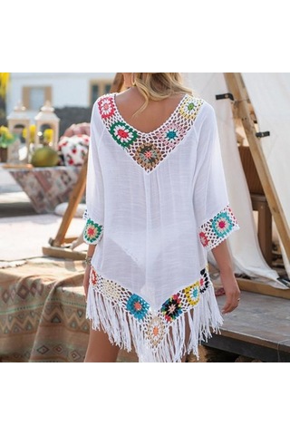Yeşil Bikini Cover Up Hollow Out Tığ İşi Patchwork Yaz Gevşek Oturan Güneş Koruma Mayo Tunik Plaj İçin Yeşil