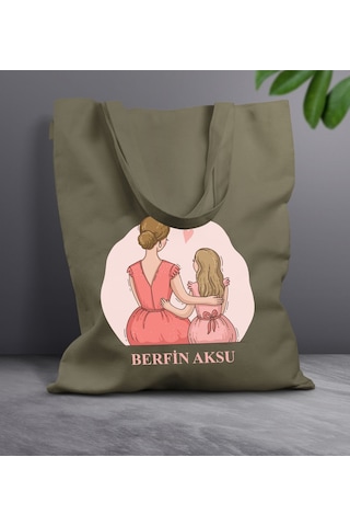 Bk Gift Kişiye Özel İsimli Anneler Günü Tasarımlı Haki Kumaş Bez Çanta, Baskılı Omuz Çantası, Alışveriş Çantası, Anneler Günü Hediyesi, Anneye Hediye-5 Sarı