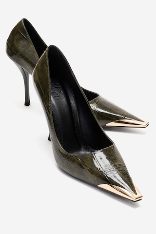 Luvishoes Alvena Yeşil Baskı Önü Metal Detaylı Kadın Topuklu Ayakkabı Yeşil