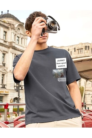 Füme Oversize Journey Baskılı T-shirt - Oversize Baskılı Gri