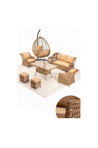 Dora Garden Home Ecem 7 Kişilik Rattan Bahçe Mobilyası Ve Tek Kişilik Salıncak Seti - Kahverengi Siyah Çizgili