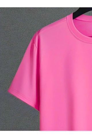 New Desıgn T-shirt Şort - Pembe Alt Üst Kombin Şort Tişört Takım Baskılı Oversize Bisiklet Yaka Pembe-74484