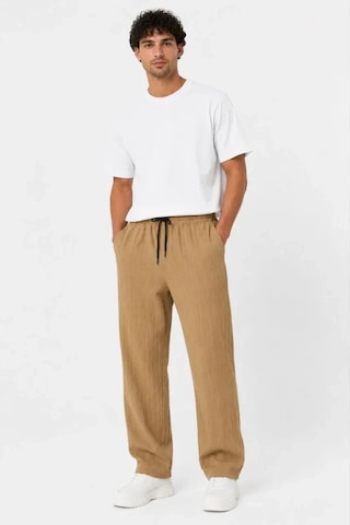 DefyModa Erkek 2li Bürümcük Kumaş Beli Lastikli Bağcıklı Bol Paça Pantolon - Beyaz/vizon Çok Renkli