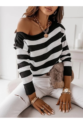 Kadın Uzun Kollu Kayık Yaka Triko Bluz Siyah