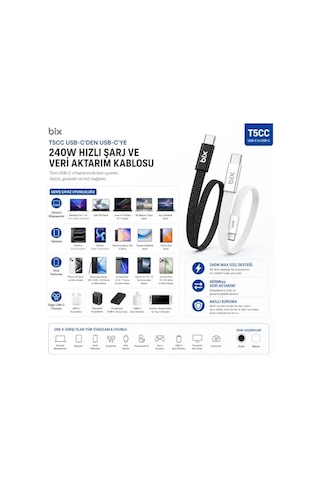 Bix T5cc-bk Siyah 1 Metre 240w Type-c To Type-c Örgülü Hızlı Şarj Ve Data Kablosu, 480mbps 240w Type C Turbo Şarj Diğer