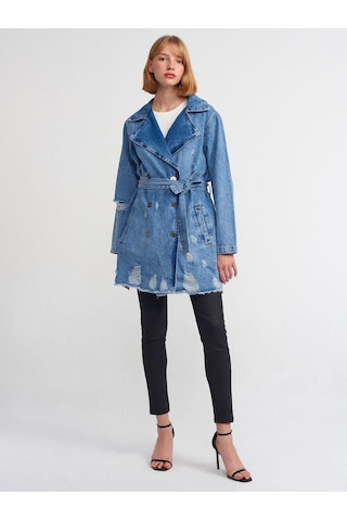 65336 Metal Düğmeli Denim Trençkot-mavi-977 Mavi