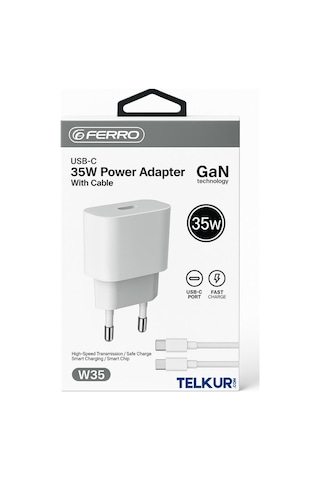 Ferro W35 Apple Uyumlu iPhone Tüm Serilere Hızlı 35w Usb-c Adaptör Başlık & Kablo