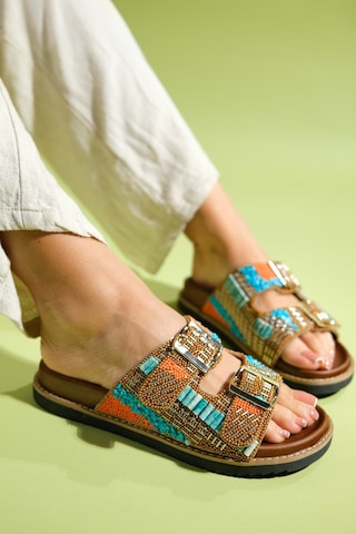 Luvishoes Lanso Taba Taşlı Çift Bantlı Kadın Terlik Taba