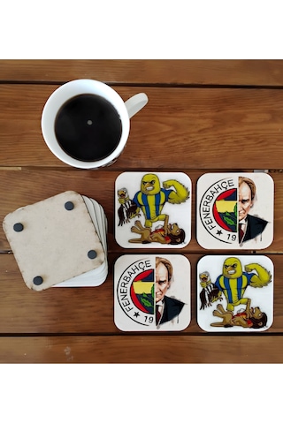 Fenerbahçe Atatürk Dekoratif Ahşap Bardak Altlığı Seti 018 Çok Renkli