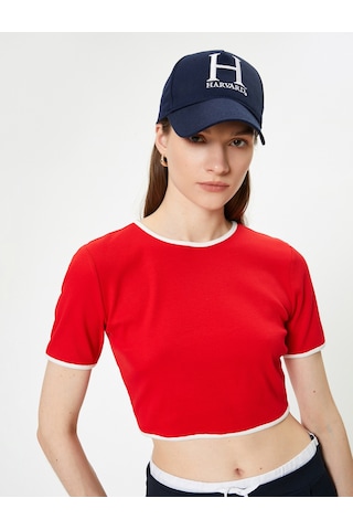 Koton Crop Tişört Slim Fit Kısa Kollu Bisiklet Yaka Kaşkorse Renk Kontrastlı Kırmızı 4sak50626ek Kırmızı