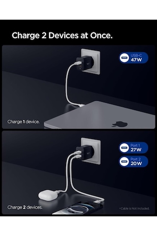 Spigen 47w Usb-c 2 Port Mini Hızlı Şarj Aleti Samsung Pps 2.0 / Isı Düşürücü Gan Pro Akım Korumalı Pd 3.0 / Scp / Fcp Protokol Güç Adaptörü İphone & Android & İpad & Macbook Type-c Black