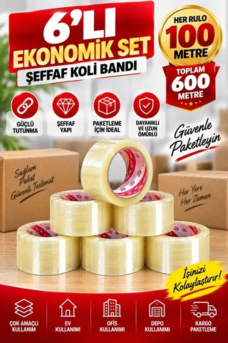 Vege 6 Lı Şeffaf Koli Bandı Seti 100 Metre Toplam 600 Metre Güçlü Yapışkanlı Paketleme Ve Kargo Ba Diğer