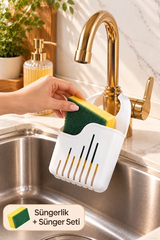 Porsima Musluğa Asılabilir Beyaz Mutfak Evye Süngerlik Düzenleyici + Bulaşık Süngeri Hediyeli Set 17 Cm