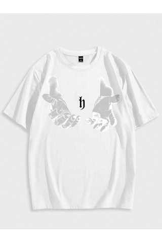 Erkek El Baskı Oversize Beyaz Baskılı T-shirt - Bisiklet Yaka Kısa Kol Rahat Kalıp Tişört Beyaz