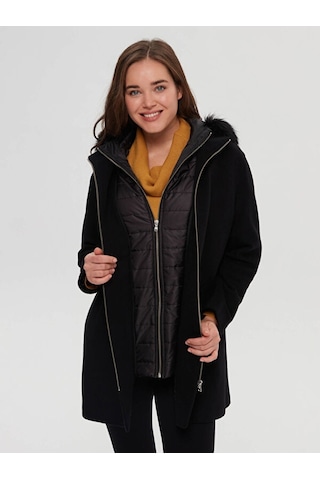 Kapitone Detaylı Kürk Kapüşonlu Kaşmir Kaban 00040 001