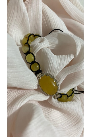 İlknur Doğal Taş Evi Gümüş Çerçeveli Kehribar Bileklik