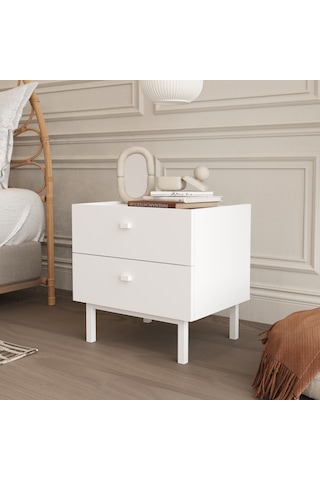 Robinhome Rhode Komodin 2 Çekmeceli Ahşap Ayaklı Beyaz