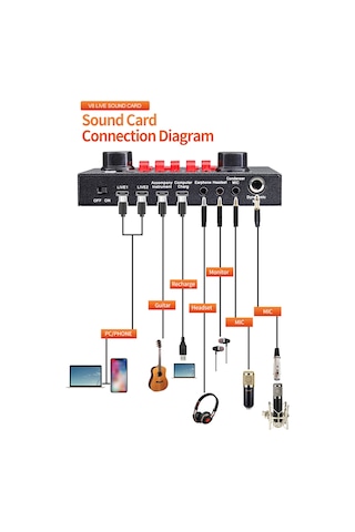 Geeksen V8s Dışarıdaki Ses Kartı, Canlı Yayın Ve Mikser Fonksiyonu, 6 Ses Modu, 12 Efekt, 1200mah Pil, Siyah