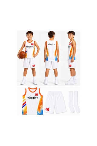 Sonvadi Çocuk Basketbol Forması Türkiye Armalı Beyaz 3 Parça Çorap Beyaz