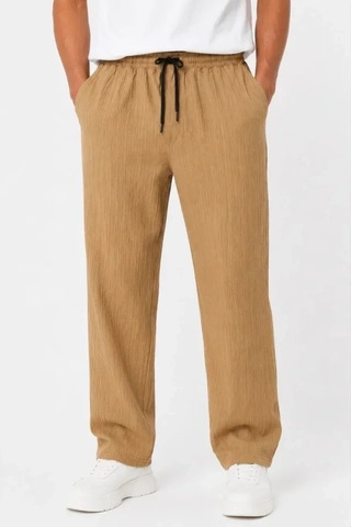 DefyModa Erkek 2li Bürümcük Kumaş Beli Lastikli Bağcıklı Bol Paça Pantolon - Beyaz/vizon Çok Renkli