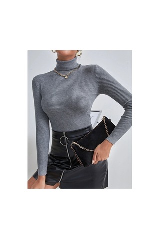 Hanclo Kadın Fitilli Balıkçı Yaka Slim Fit Triko Kazak Füme