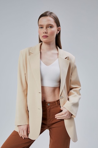 Kadın Oversize Düz Kesim Astarlı Dokuma Blazer Ceket Vizon
