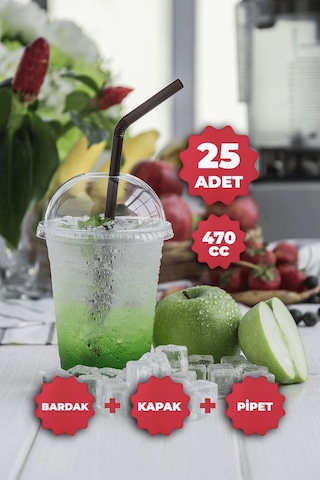 Plastik Milkshake Bardağı Kapak Pipet 16 Oz 470 Cc 25 Adet