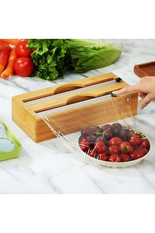 Deconox 2 Bölmeli Doğal Bambu Folyoluk Ve Streç Film Kesici Organizer - Sürgülü Bıçaklı Duvara Monte Edilebilir Diğer
