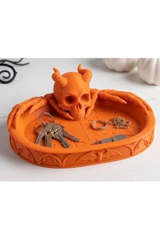 Halloween Cadılar Bayramı Dekoratif Boynuzlu Kuru Kafa Şekerlik Tepsi Masa Üstü Dekor