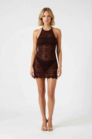 Benerly Kadın Halter Yaka Sırt Dekolteli Örme Mini Elbise Bodycon Kesim D Kahverengi