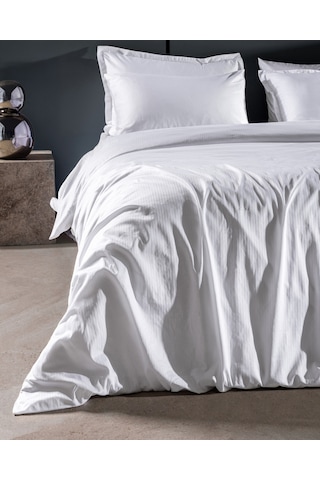 Madame Coco Thalie Family Size %100 Pamuk Çizgili - 300tc Saten Çarşaflı Nevresim Takımı - Beyaz 8684427207833 Çok Renkli