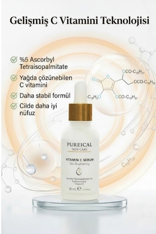 Pureical C Vitamini Serum %5, Aydınlatıcı, Leke Karşıtı Ve Anti-aging Bakım 30 Ml