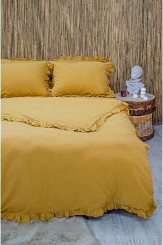 Lilya Keten Görünümlü Fırfırlı %100 Pamuk Çift Kişilik Nevresim Takımı - Lilyack Ekru