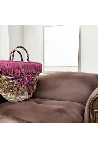 Hasır Çanta, Plaj Çantası, Tasarım Çanta, Püsküllü,desenli El Çantası Mürdüm