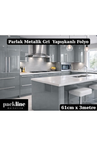 Parlak Metalik Gri Yapışkanlı Folyo Mutfak Buzdolabı Ve Mobilya Kaplama Folyosu 61cm X 3m