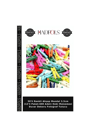 50'li Renkli Ahşap Mandal 3.5cm 12'li Paket-600 Adet Hobi Malzemesi Duvar Dekoru Fotoğraf Tutucu