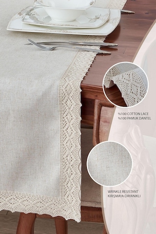Evlen Home %100 Keten Pamuk Dantelli Runner 50x130 Cm Linen Kumaş Masa Örtüsü Sehpa Leke Tutmaz Mutfak Bej