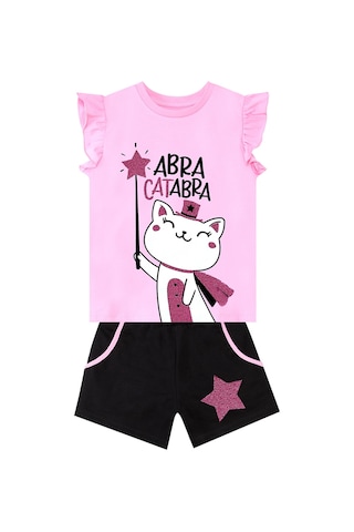 Denokids Abra Catabra Kız Çocuk T-shirt Şort Takım Çok Renkli