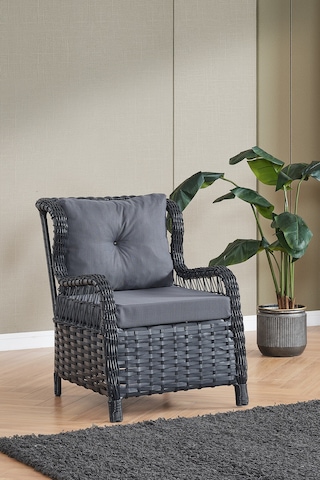 Paris Rattan Puflu Bahçe Balkon Takımı 3+1+1 Cam Masalı Antrasit