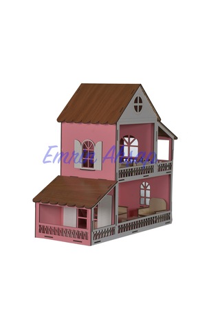 2 Katlı Pembe Ahşap Eşyalı Çocuk Oyun Evi Seti