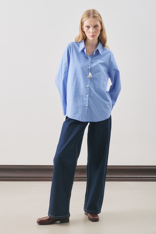 Oversıze Çizgili Gömlek Mavi Çizgi Mavi Çizgi