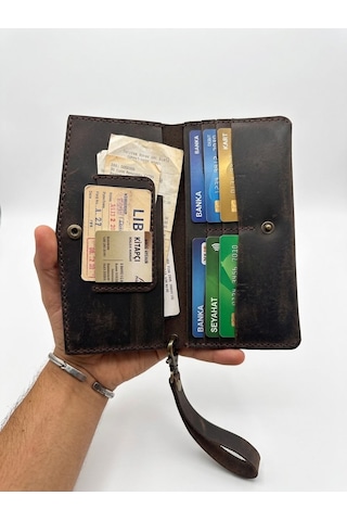 Ertay Deri - %100 Hakiki Deri El Yapımı Koyu Kahve Çıtçıtlı Cüzdan & Telefon Bölmeli Portföy Koyu Kahverengi