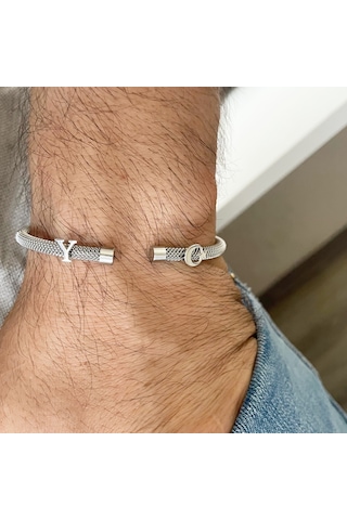 Gümüş Harf Ve Ayyıldız Beyaz Çelik Bileklik Gri
